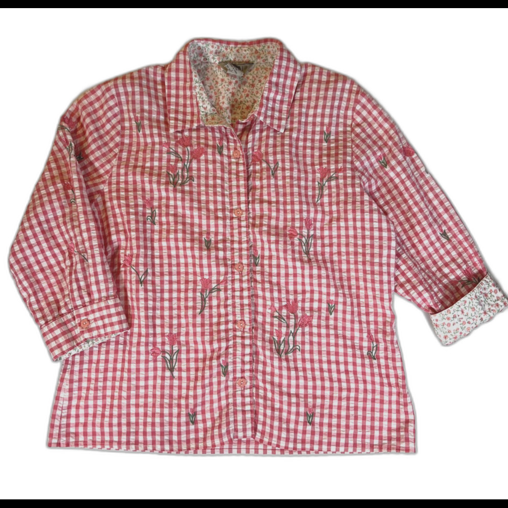 Vtg Teddi Gingham Cottage Granny Pink Floral on Plaid 3/4 Sleeve Blouse Top Sz L